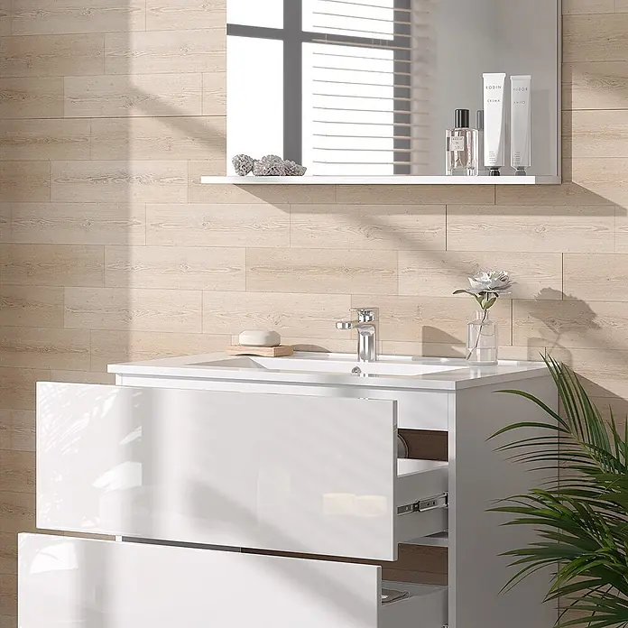 Vicco Badmöbel-Set Izan Weiß 3 Teile - Gesamtbreite Badmöbel: 80 cm, Weiß, Glänzend - Weißer glänzender Badschrank mit integriertem Waschbecken und offener Schublade in einem modernen Badezimmer.