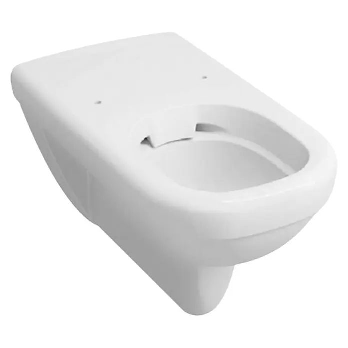 Geberit Renova Wand-WC Comfort - Spülrandlos, Ohne Spezialglasur, Spülform: Tief, WC Abgang: Waagerecht, Weiß - Nahaufnahme einer weißen, an der Wand montierten Toilette ohne Sitz. Das schlichte Design passt gut in moderne Badezimmer.