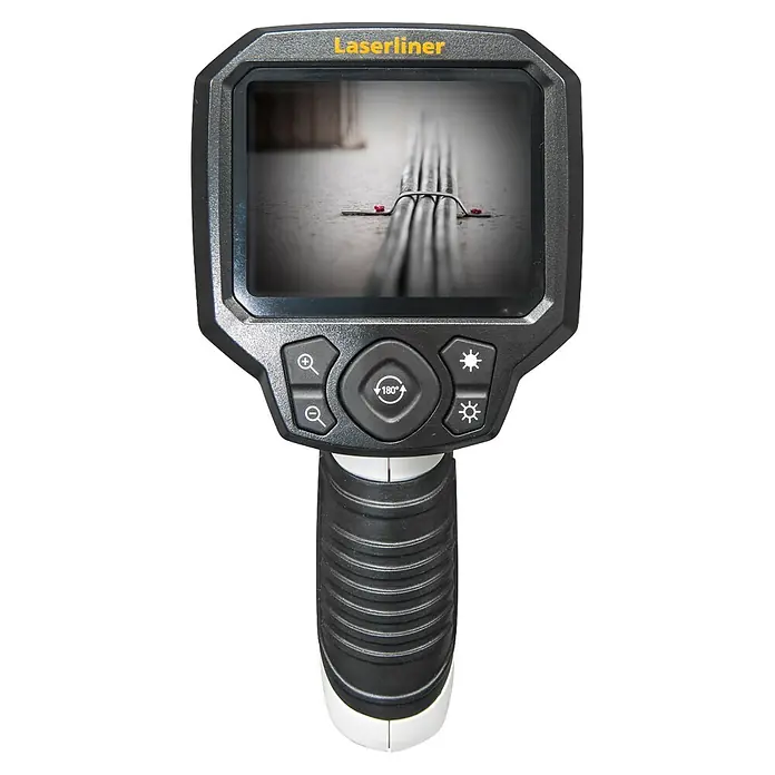 Laserliner Endoskopkamera XL - Länge Schwanenhals: 350 cm - Schwarze Laserliner Inspektionskamera mit Bildschirm, der Kabel zeigt, Zoom-, Rotations- und Helligkeitsreglern. Ergonomischer Griff.