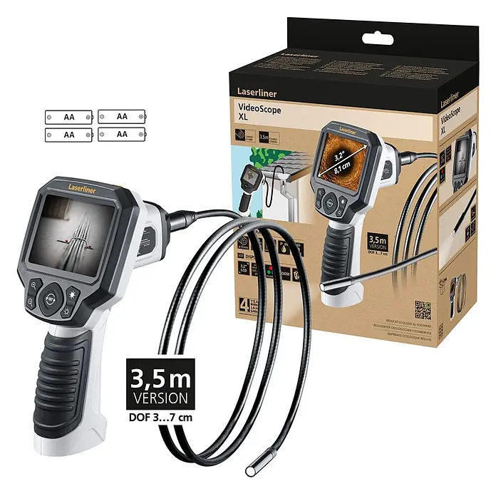 Laserliner Endoskopkamera XL - Länge Schwanenhals: 350 cm - Laserliner VideoScope XL Inspektionskamera mit 3,5m flexiblem Endoskop, weiß, grau, schwarz, mit Verpackung.