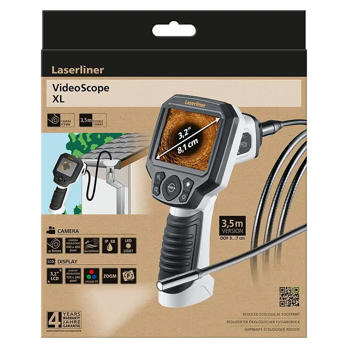 Laserliner Endoskopkamera XL - Länge Schwanenhals: 350 cm - Laserliner VideoScope XL, eine grau-weiße Handinspektionskamera mit flexibler schwarzer Sonde. Der Bildschirm zeigt ein Rohrinneres, und eine Illustration zeigt die Anwendung in einer Rinne.