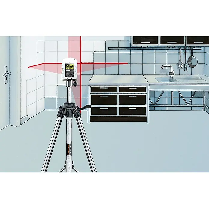 Laserliner Dreibeinständer L - Aluminium, Arbeitshöhe: 44 cm - 120 cm - Ein weiß-schwarzer Kreuzlinienlaser auf Stativ projiziert rote Linien an Küchenwände zum Nivellieren.
