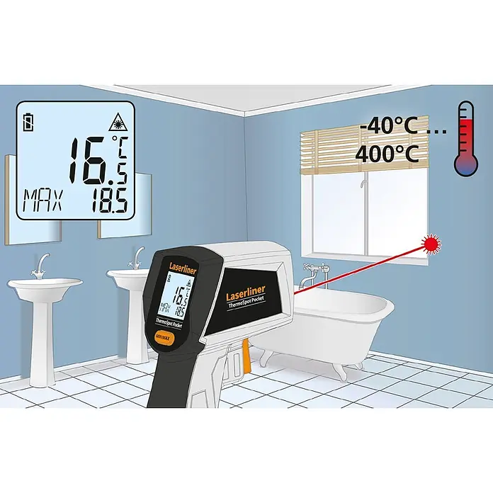 Laserliner Infrarot-Thermometer Pocket - Messbereich Temperatur: -40 °C - 400 °C - Schwarz-graues Laserliner ThermoSpot Pocket Infrarot-Thermometer misst die Temperatur eines Fensters im Badezimmer, Anzeige 16.5°C.
