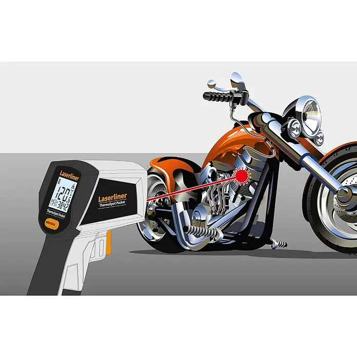 Laserliner Infrarot-Thermometer Pocket - Messbereich Temperatur: -40 °C - 400 °C - Laserliner ThermoSpot Pocket Infrarot-Thermometer misst 120,6 °C am Motorradmotor mit rotem Laser.