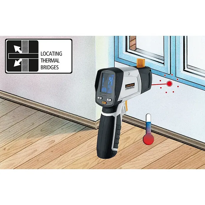 Laserliner Infrarot-Thermometer Condensespot Plus - Messbereich: -38 °C bis +365 °C - Ein Laserliner Infrarot-Thermometer scannt einen Fensterrahmen, um Kältebrücken zu finden.