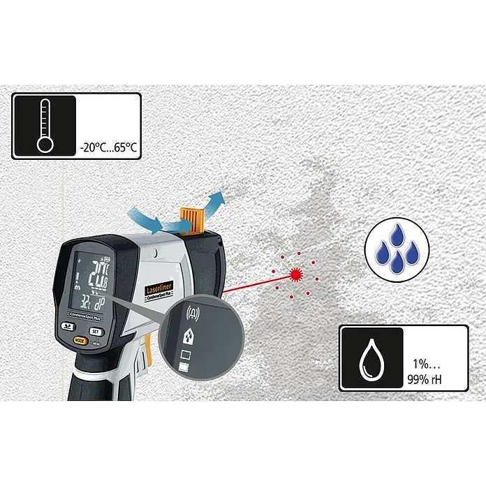 Laserliner Infrarot-Thermometer Condensespot Plus - Messbereich: -38 °C bis +365 °C - Grau/schwarzes Laserliner CondenseSpot Plus misst Wandtemperatur/Taupunkt mit Laser, zeigt Digitalanzeige und Feuchtigkeitsbereiche.