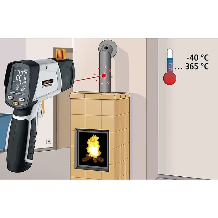 Laserliner Infrarot-Thermometer Condensespot Plus - Messbereich: -38 °C bis +365 °C - Laserliner CondenseSpot Plus Infrarot-Thermometer misst die Temperatur eines Ofenrohrs neben einem Kachelofen mit Feuer.