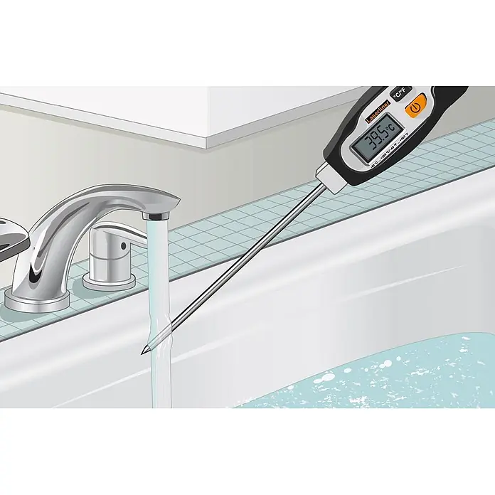 Laserliner Thermometer - Messbereich Temperatur: -40 °C - 250 °C - Schwarzes und silbernes Digitalthermometer misst Wassertemperatur in Badewanne, zeigt 39,5°C an.