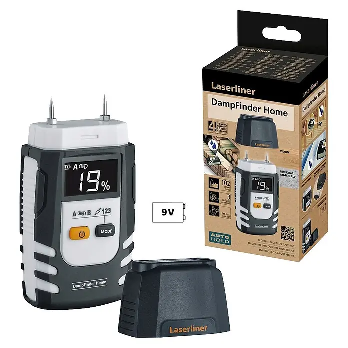 Laserliner Feuchtigkeitsmessgerät Home - Mit Batterien - Laserliner DampFinder Home Feuchtigkeitsmessgerät, grau-weiß, mit Display, Schutzkappe und Verpackung.