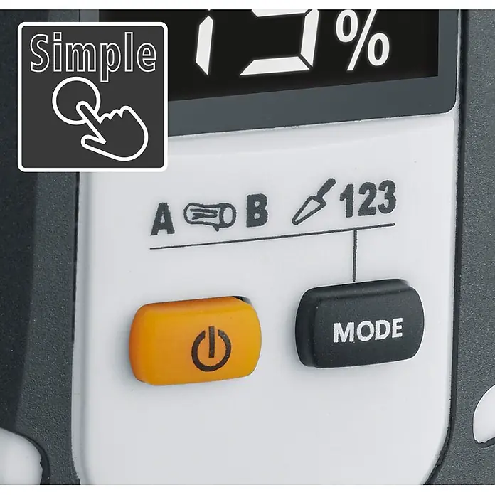 Laserliner Feuchtigkeitsmessgerät Home - Mit Batterien - Digitalanzeige mit Prozent, "Simple"-Symbol, orangefarbener Ein-/Aus-Taste, schwarzer "MODE"-Taste und Modusanzeigen.