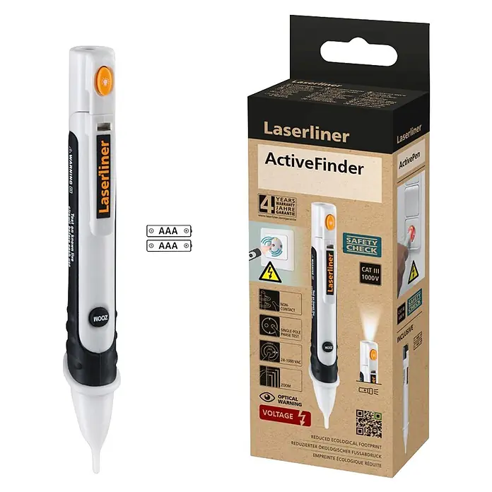 Laserliner Kontaktloser Spannungsprüfer Activefinder - Mit Batterien - Weiß-schwarzer Laserliner ActiveFinder Spannungsprüfer mit Verpackung, zeigt berührungslose und einpolige Phasenprüfung.