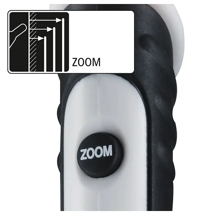 Laserliner Kontaktloser Spannungsprüfer Activefinder - Mit Batterien - Schwarz-weißes Gerät mit einem „ZOOM“-Knopf und einem Diagramm zur manuellen Zoom-Einstellung.