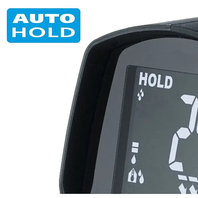 Laserliner Infrarot-Thermometer Condensespot Plus - Messbereich: -38 °C bis +365 °C - Dunkelgraues Digitaldisplay mit den Funktionen 'HOLD' und 'AUTO HOLD', dazu Symbole für Flüssigkeitstropfen und Batterie.