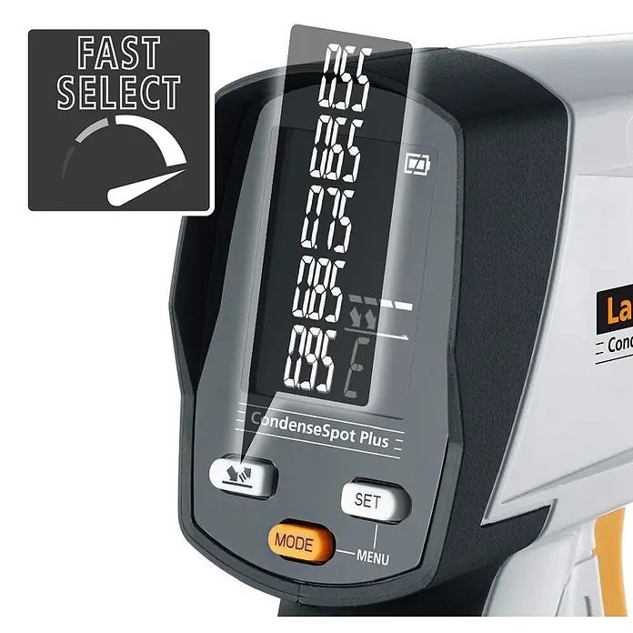 Laserliner Infrarot-Thermometer Condensespot Plus - Messbereich: -38 °C bis +365 °C - Grau-weißes CondenseSpot Plus Infrarot-Thermometer mit orangefarbenen Akzenten, zeigt die 'FAST SELECT' Funktion.