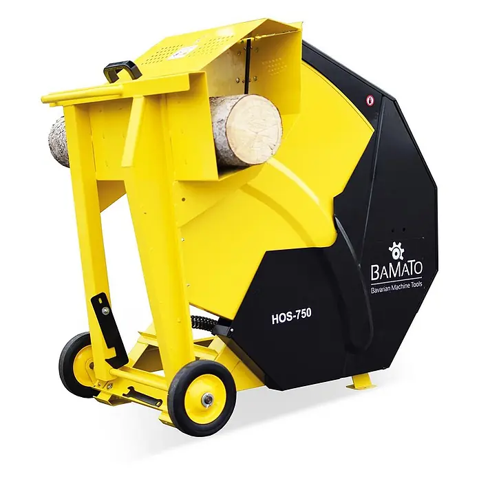 Bamato Wippkreissäge HOS-750 - 5.000 W, Durchmesser Sägeblatt: 700 mm, Bohrung Sägeblatt: 30 mm - Gelbe und schwarze transportable Wippsäge mit eingelegtem Holzstamm, bereit zum Brennholzschneiden.