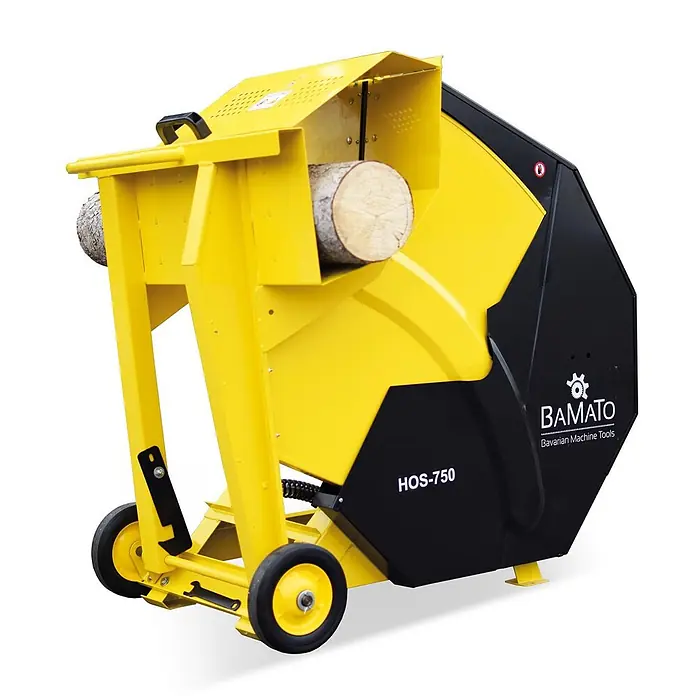 Bamato Wippkreissäge HOS-750 - 5.000 W, Durchmesser Sägeblatt: 700 mm, Bohrung Sägeblatt: 30 mm - Gelb-schwarze mobile Kreissäge für Holzscheite mit einem Stamm im Einzug zum Schneiden von Brennholz.