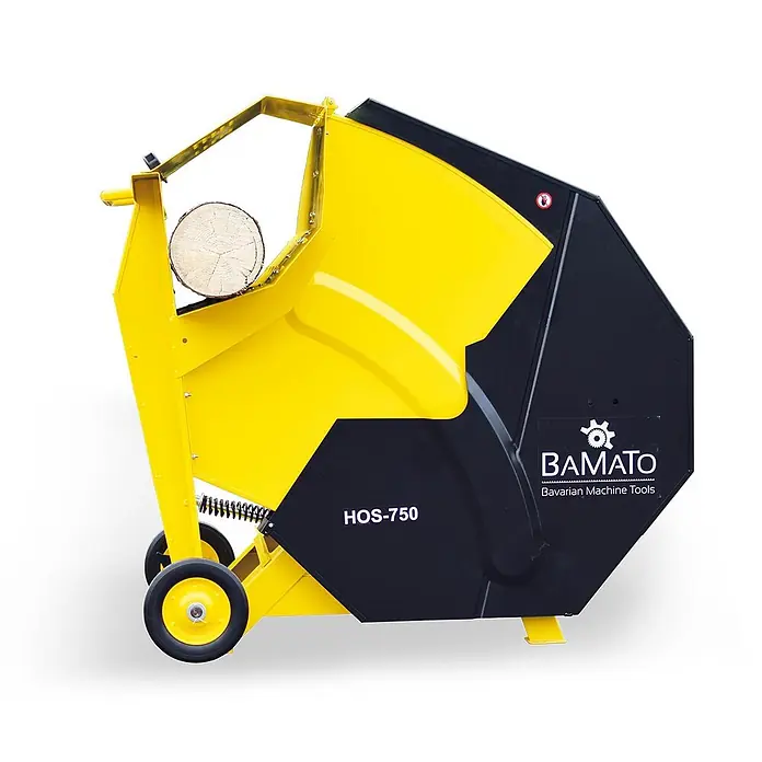 Bamato Wippkreissäge HOS-750 - 5.000 W, Durchmesser Sägeblatt: 700 mm, Bohrung Sägeblatt: 30 mm - Gelb-schwarze Wippsäge mit eingesetztem Holzscheit und Rädern für Mobilität.