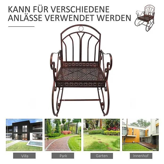 Outsunny Garten-Schaukelstuhl - 1 Stk., Metall, Bronze, B x T x H: 76 x 76 x 90 cm - Dekorativer rotbrauner Metall-Schaukelstuhl für Garten, Terrasse oder Park.