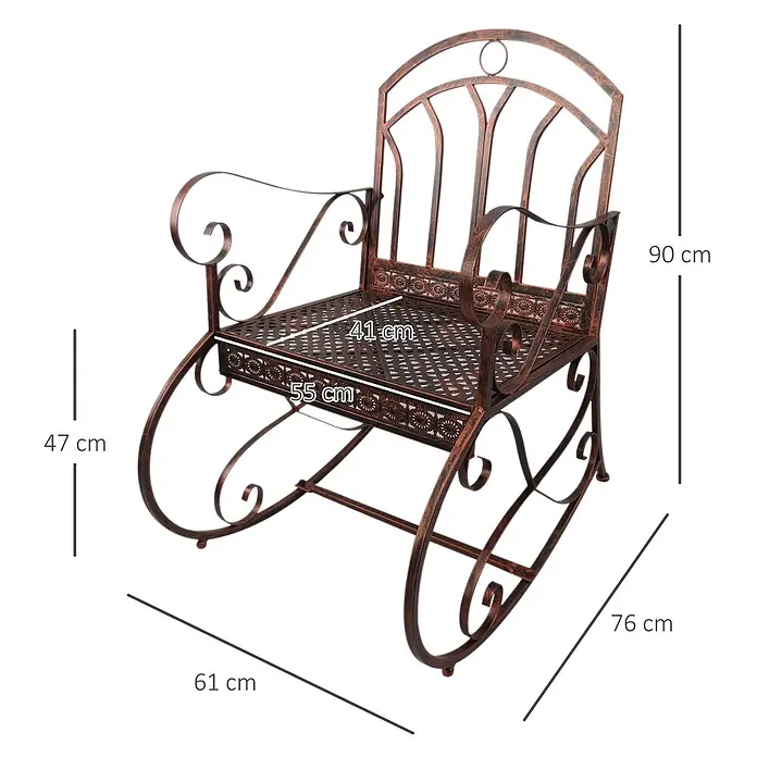 Outsunny Garten-Schaukelstuhl - 1 Stk., Metall, Bronze, B x T x H: 76 x 76 x 90 cm - Bronze-farbener Metallschaukelstuhl mit Verzierungen und Maßen.
