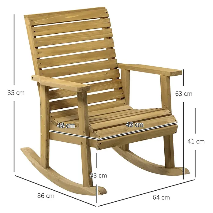 Outsunny Garten-Schaukelstuhl - 1 Stk., Tannenholz, Braun - Holzschaukelstuhl mit Lattenrost, Armlehnen und geschwungener Schaukelbasis. Maße sind angegeben.