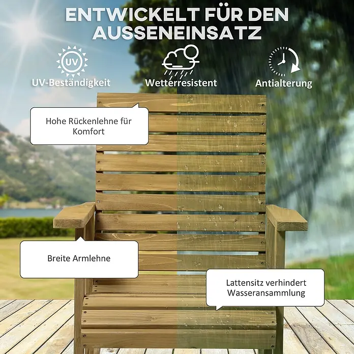 Outsunny Garten-Schaukelstuhl - 1 Stk., Tannenholz, Braun - Robust gebauter Holzstuhl für den Außenbereich mit hoher Rückenlehne, breiten Armlehnen und wetterfesten Eigenschaften.