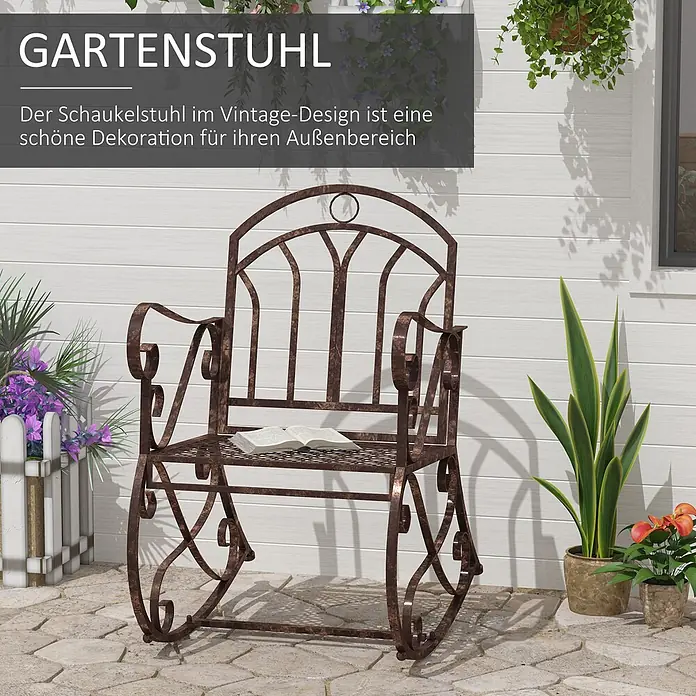 Outsunny Garten-Schaukelstuhl - 1 Stk., Metall, Bronze, B x T x H: 76 x 76 x 90 cm - Brauner Vintage Metall Schaukelstuhl für den Garten mit einem Buch auf dem Sitz, draußen.