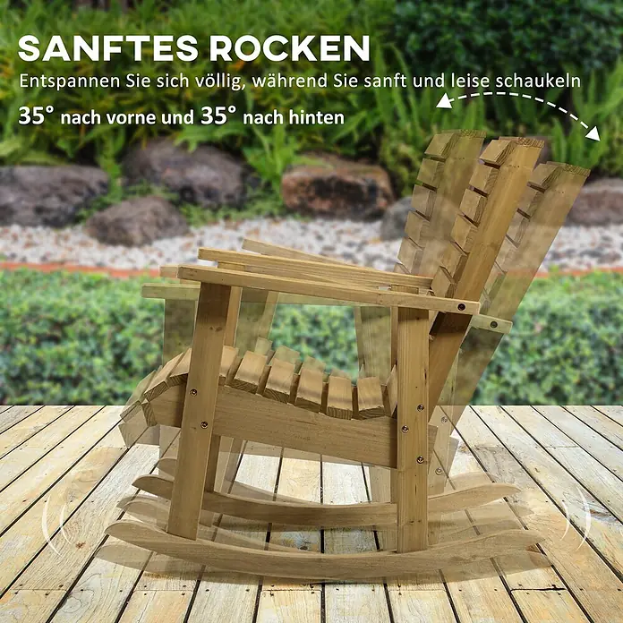Outsunny Garten-Schaukelstuhl - 1 Stk., Tannenholz, Braun - Holzschaukelstuhl auf einer Terrasse, der sanft um 35° vor und zurück schaukelt.