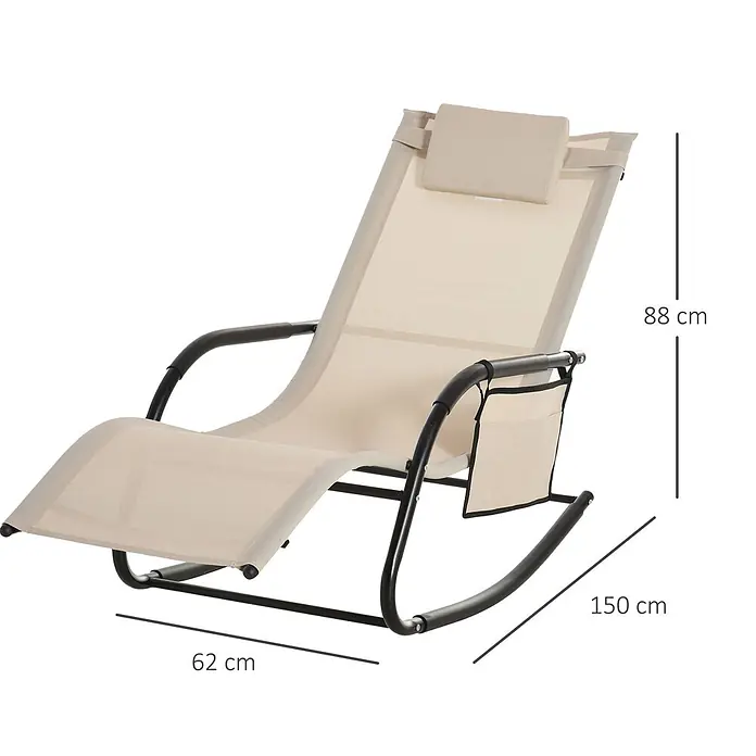 Outsunny Garten-Schaukelstuhl - 1 Stk., Metall, Atmungsaktives Mesh, Beige - Beiger Textil-Schaukelliege mit schwarzem Metallrahmen, Kopfstütze und Seitentasche, Maße 88x150x62 cm (HxLxB).