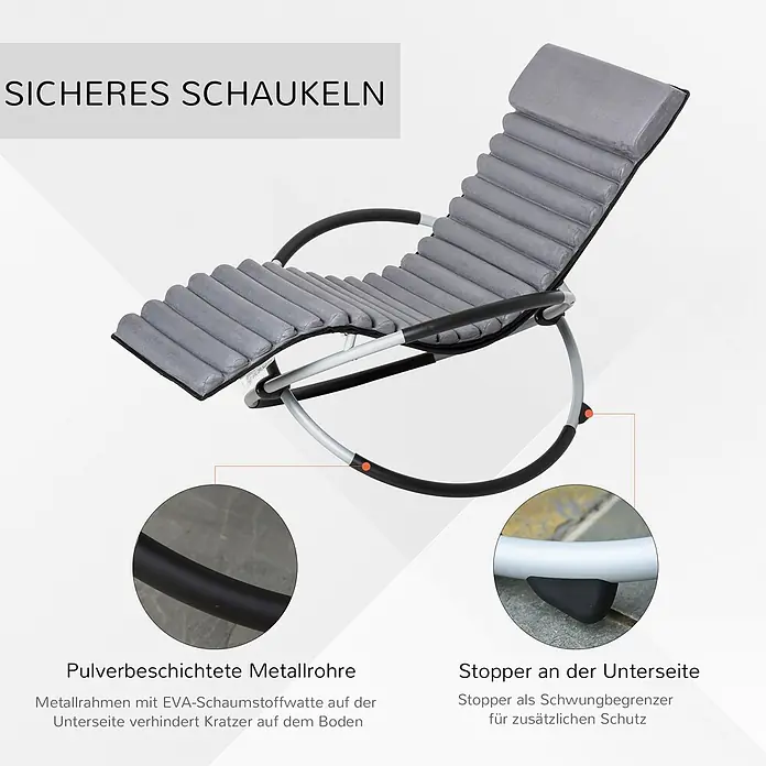 Outsunny Garten-Schaukelstuhl - 1 Stk., Metall, Texteline, Kunstleder, Schaumstoff, Schwarz, B x T x H: 74 x 145 x 86 cm - Grauer gepolsterter Schaukel-Liegestuhl mit pulverbeschichtetem Metallrahmen, EVA-Schaum zum Bodenschutz und Anschlägen zur Schaukelbegrenzung.