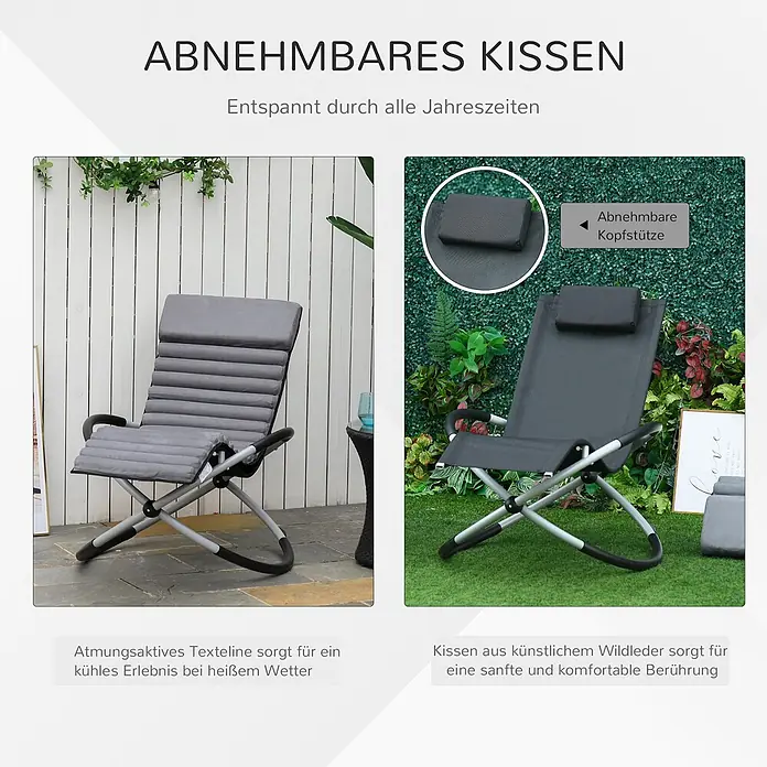 Outsunny Garten-Schaukelstuhl - 1 Stk., Metall, Texteline, Kunstleder, Schaumstoff, Schwarz, B x T x H: 74 x 145 x 86 cm - Klappbare Outdoor-Stühle mit Optionen: einer mit ganzem grauen Kunstwildleder-Kissen, der andere mit abnehmbarer Kopfstütze und atmungsaktivem Textilene.