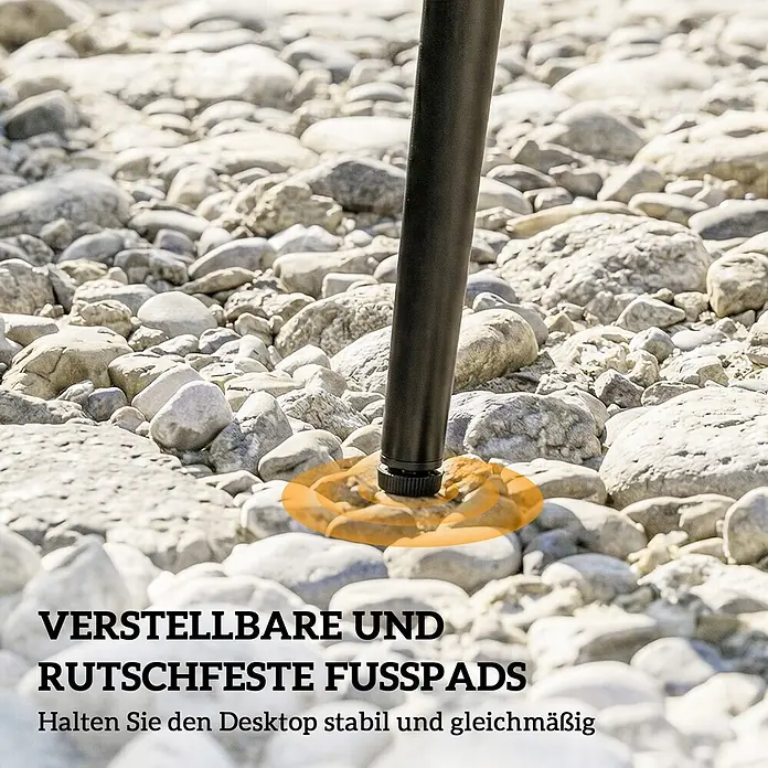 Outsunny Gartentisch rund - gehärtetes Glas, Grau - Schwarzes verstellbares Antirutsch-Fußpad am Möbelbein, für Stabilität auf unebenem, steinigem Untergrund.