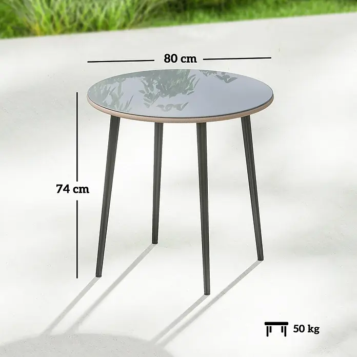 Outsunny Gartentisch rund - gehärtetes Glas, Grau - Runder Terrassentisch mit Glasplatte, beigefarbenem Geflecht und schwarzen Beinen. Durchmesser 80 cm, Höhe 74 cm, Tragfähigkeit 50 kg.