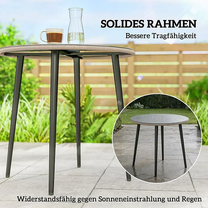 Outsunny Gartentisch rund - gehärtetes Glas, Grau - Runder Gartentisch mit dunklem Gestell und geflochtenem Rand, mit Getränken und im Regen gezeigt, wetterbeständig.
