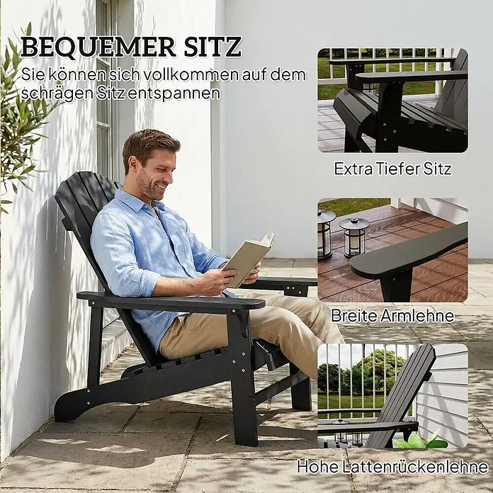 Outsunny Gartenstuhl Adirondack - Tannenholz, Schwarz - Dunkelgrauer Adirondack-Stuhl mit einem Mann, der sich im Freien entspannt. Merkmale: tiefer Sitz, breite Armlehnen und hohe Lattenrückenlehne.