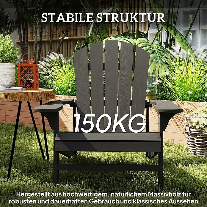 Outsunny Gartenstuhl Adirondack - Tannenholz, Schwarz - Grauer Adirondack-Stuhl aus Massivholz in einer Gartenumgebung, mit 150 kg Tragfähigkeit und stabiler Struktur.