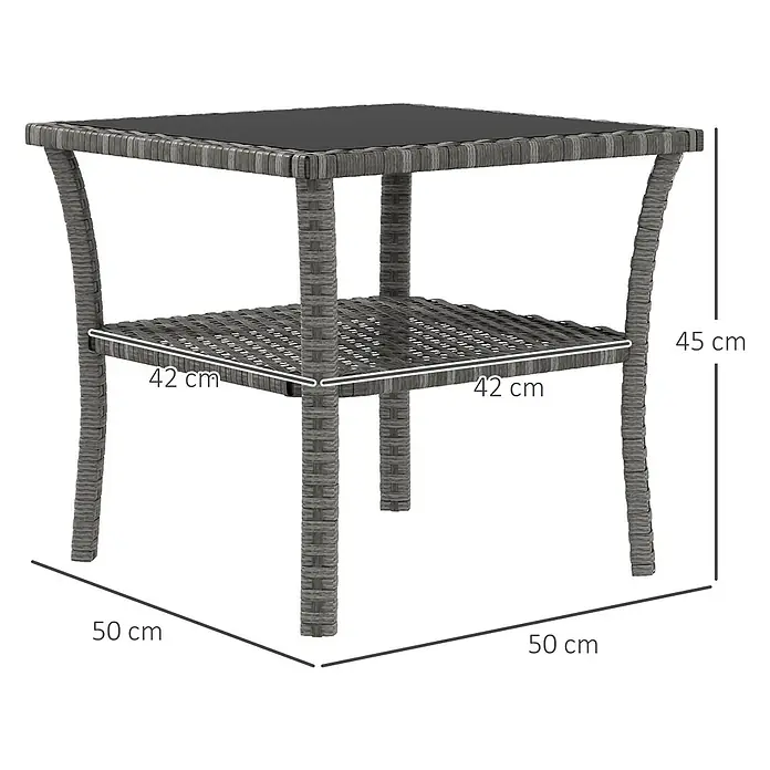 Outsunny Garten-Beistelltisch - L x B x H: 50 x 50 x 45 cm, PE-Rattan, Quadratisch, Grau - Grauer Rattanseitentisch mit schwarzer Platte und Ablagefach.