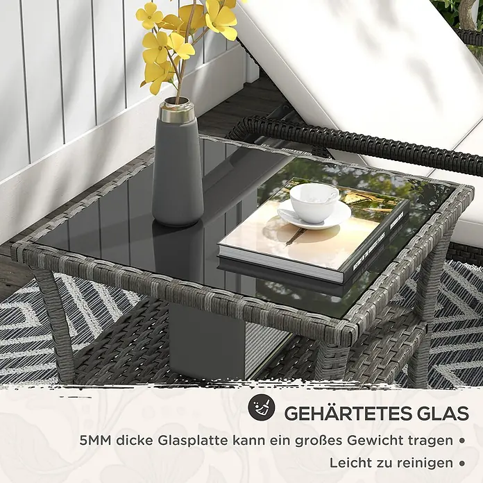 Outsunny Garten-Beistelltisch - L x B x H: 50 x 50 x 45 cm, PE-Rattan, Quadratisch, Grau - Grauer Rattan-Couchtisch für draußen mit 5 mm gehärteter Glasplatte.