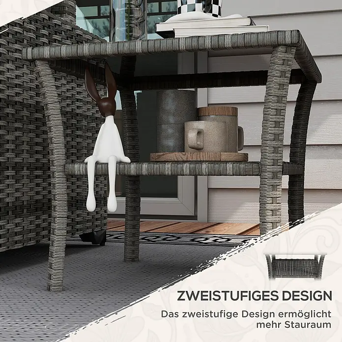 Outsunny Garten-Beistelltisch - L x B x H: 50 x 50 x 45 cm, PE-Rattan, Quadratisch, Grau - Grauer, zweistufiger Beistelltisch aus Polyrattan, der zusätzlichen Stauraum bietet.