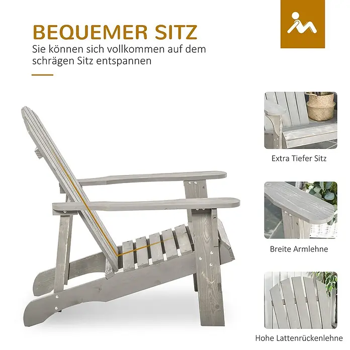 Outsunny Gartenstuhl Adirondack - Tannenholz, Hellgrau - Grauer Adirondack-Stuhl aus Holz mit tiefem Sitz, breiten Armlehnen und hoher Lattenrückenlehne für entspanntes Sitzen.