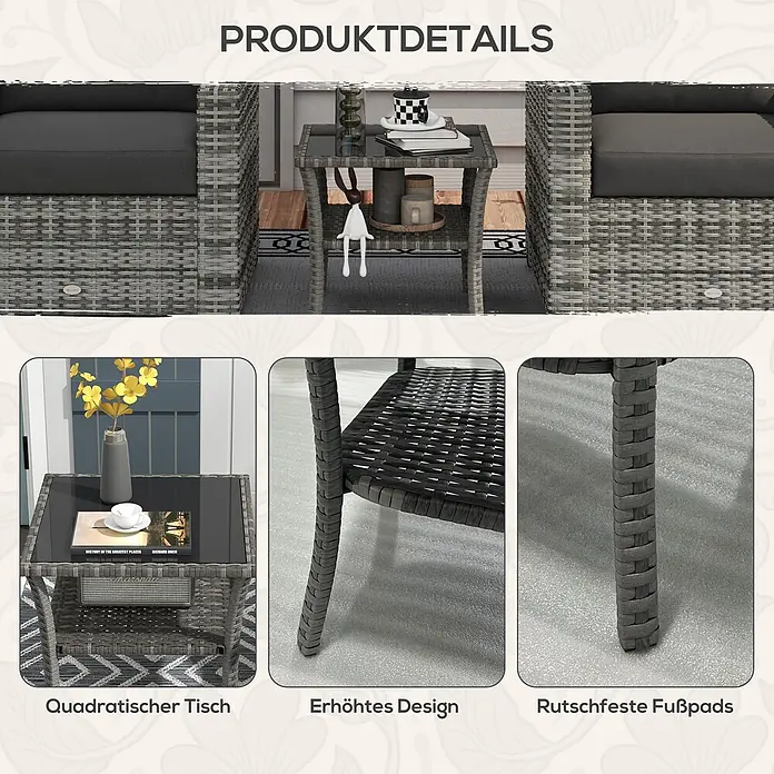 Outsunny Garten-Beistelltisch - L x B x H: 50 x 50 x 45 cm, PE-Rattan, Quadratisch, Grau - Grauer Polyrattan Beistelltisch mit Glasplatte und Ablagefläche, rutschfesten Füßen und erhöhtem Design.