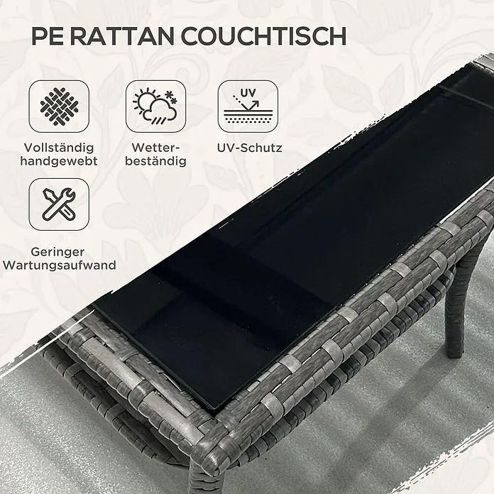Outsunny Garten-Beistelltisch - L x B x H: 50 x 50 x 45 cm, PE-Rattan, Quadratisch, Grau - Grauer PE-Rattan-Couchtisch mit eleganter schwarzer Glasplatte.