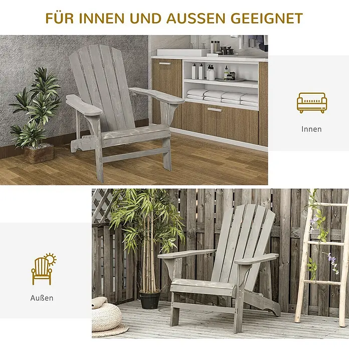 Outsunny Gartenstuhl Adirondack - Tannenholz, Hellgrau - Grauer Adirondack-Stuhl aus Holz, geeignet für Innen- und Außenbereiche.