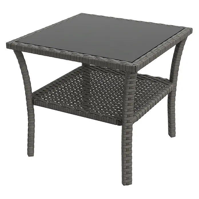 Outsunny Garten-Beistelltisch - L x B x H: 50 x 50 x 45 cm, PE-Rattan, Quadratisch, Grau - Quadratischer, zweistufiger Beistelltisch aus grauem Polyrattan mit dunkler Glasplatte.