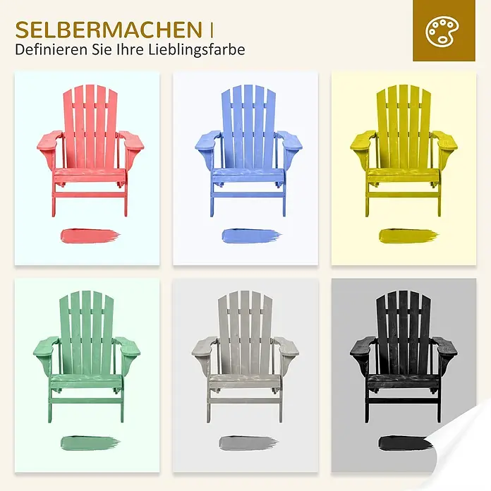 Outsunny Gartenstuhl Adirondack - Tannenholz, Hellgrau - Auswahl von sechs Adirondack-Stühlen aus Holz in verschiedenen Farben: Koralle, Blau, Limette, Mint, Hellgrau und Schwarz.