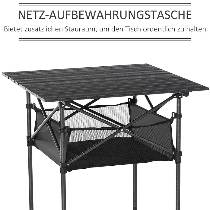 Outsunny Campingtisch - L x B x H: 70 x 70 x 69 cm, Kohlegrau, Rollbar - Dunkelgrauer Klapptisch mit geriffelter Platte und schwarzer Netz-Aufbewahrungstasche darunter für mehr Ordnung.