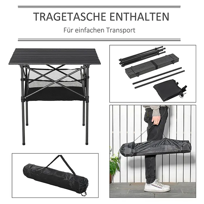 Outsunny Campingtisch - L x B x H: 70 x 70 x 69 cm, Kohlegrau, Rollbar - Schwarzer, tragbarer Campingtisch, montiert, zerlegt und verpackt in seiner schwarzen Tragetasche für einfachen Transport.