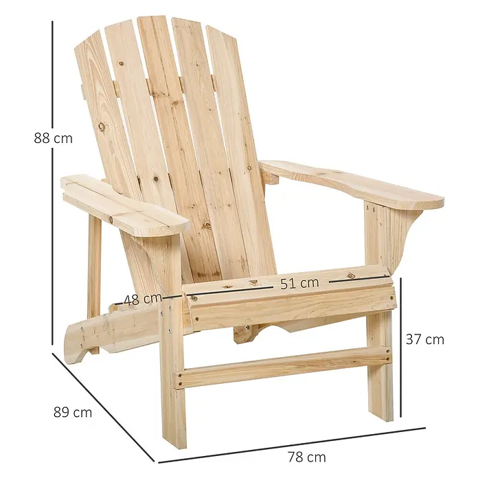 Outsunny Gartenstuhl Adirondack - Tannenholz, Naturholz - Adirondack-Stuhl aus Naturholz, Maße: H 88cm, B 78cm, T 89cm, Sitzhöhe 37cm.