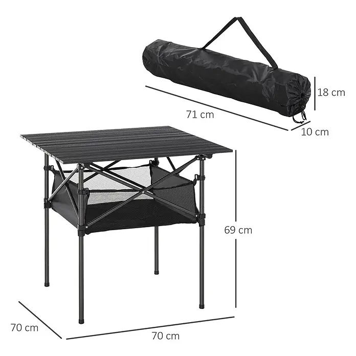 Outsunny Campingtisch - L x B x H: 70 x 70 x 69 cm, Kohlegrau, Rollbar - Schwarzer klappbarer Campingtisch mit Lamellenplatte und Netzablage, zusammen mit der schwarzen Tragetasche.