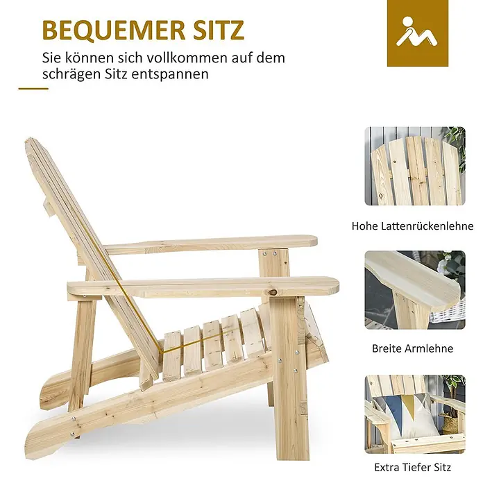 Outsunny Gartenstuhl Adirondack - Tannenholz, Naturholz - Adirondack-Stuhl aus hellem Holz mit Lattenrückenlehne, breiten Armlehnen und tiefem, schrägen Sitz.