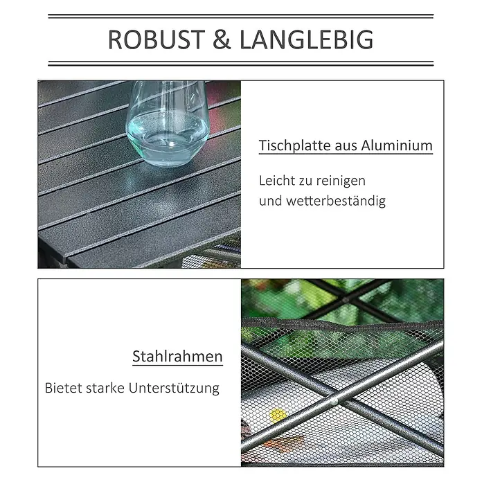 Outsunny Campingtisch - L x B x H: 70 x 70 x 69 cm, Kohlegrau, Rollbar - Nahaufnahme einer dunkelgrauen Aluminium-Tischplatte mit Wasserglas und einem Stahlrahmen mit Netz, die Robustheit und Langlebigkeit hervorhebt.